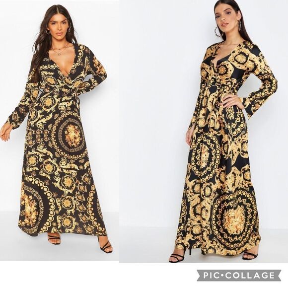 YELLOW black chain print Versace inspired maxi dress Sz M - Picture 4 of 15